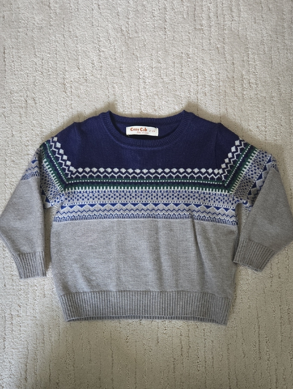 COZY CUB • Gray and Navy Patterned Sweater, 2-3T